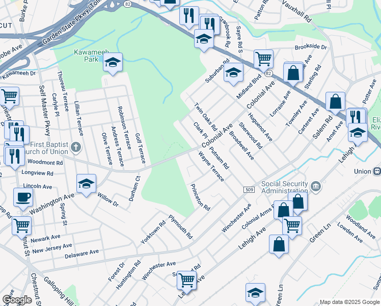 map of restaurants, bars, coffee shops, grocery stores, and more near 635 Colonial Avenue in Union