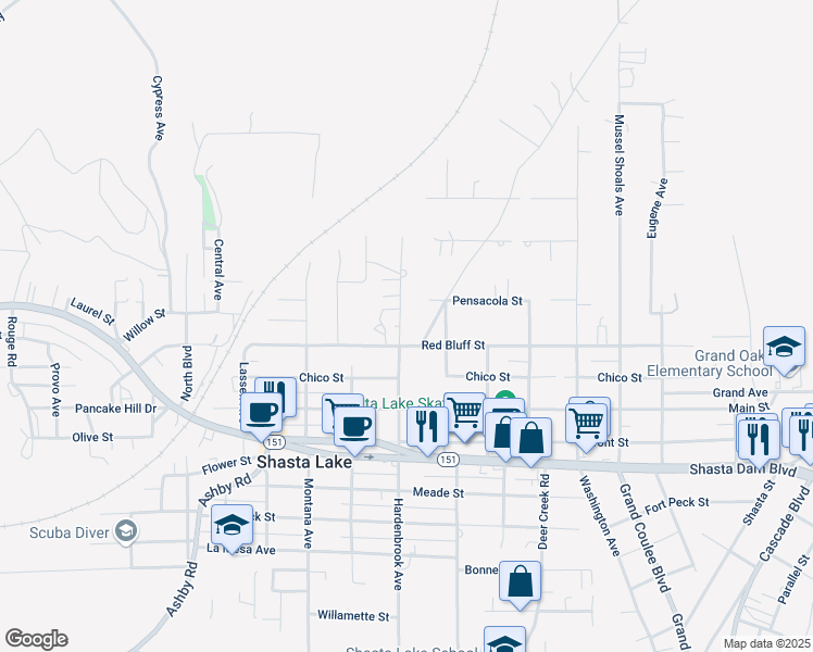 map of restaurants, bars, coffee shops, grocery stores, and more near 1225 Hardenbrook Avenue in Shasta Lake