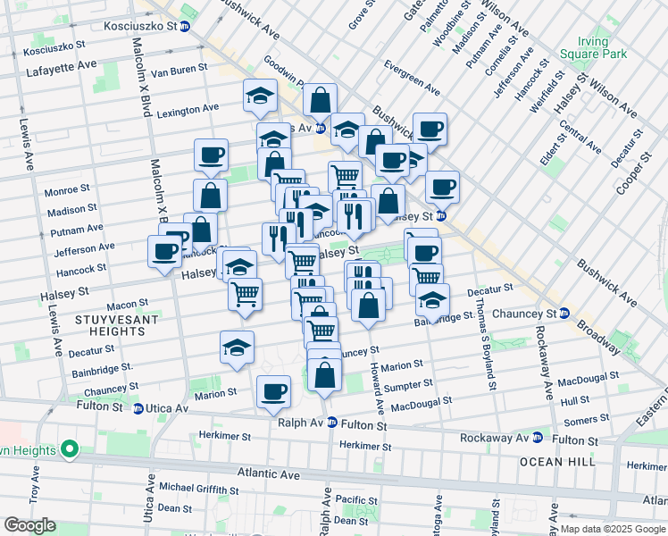 map of restaurants, bars, coffee shops, grocery stores, and more near 749 Macon Street in Brooklyn
