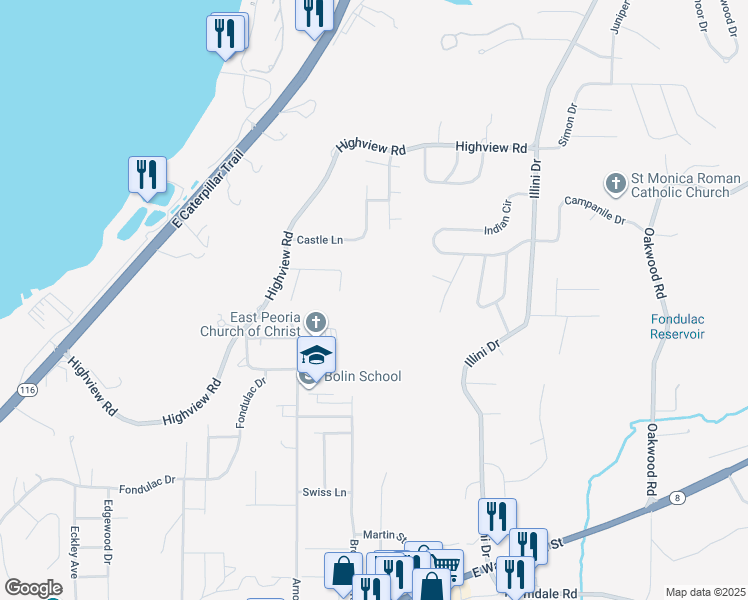 map of restaurants, bars, coffee shops, grocery stores, and more near in Peoria