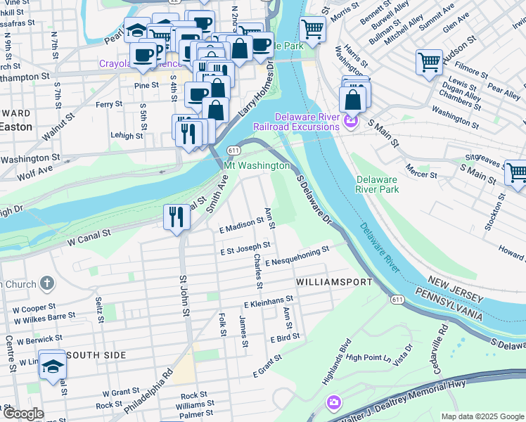 map of restaurants, bars, coffee shops, grocery stores, and more near 155 Ann Street in Easton
