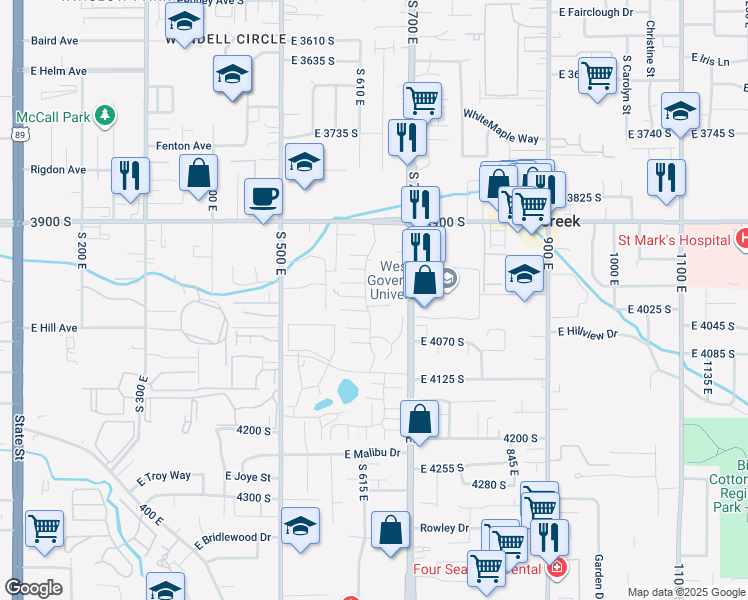 map of restaurants, bars, coffee shops, grocery stores, and more near 650 East 4025 South in Murray