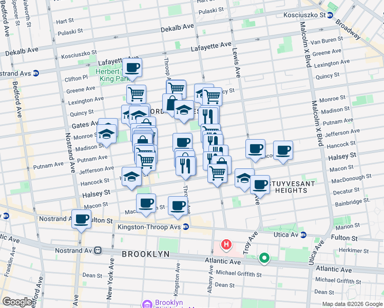 map of restaurants, bars, coffee shops, grocery stores, and more near 521 Throop Avenue in Brooklyn