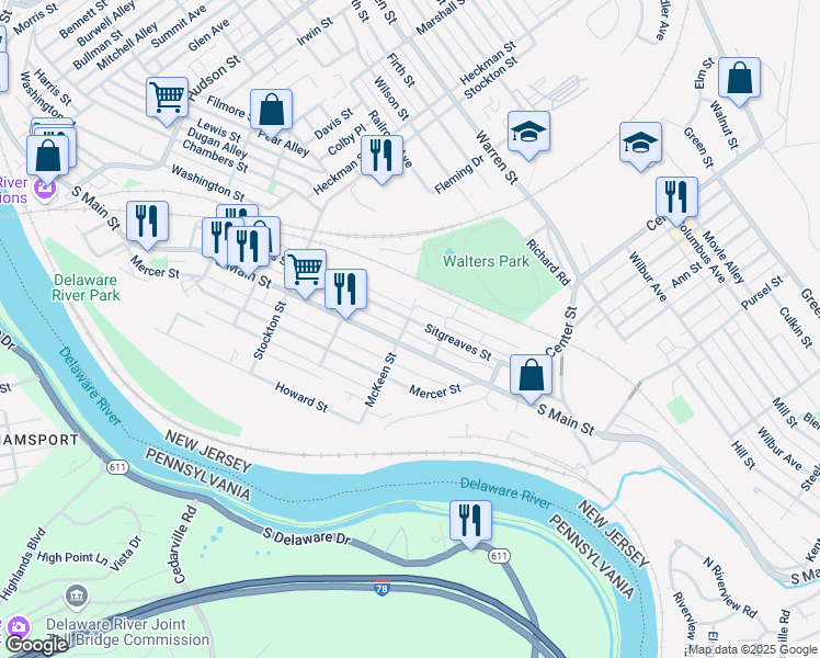 map of restaurants, bars, coffee shops, grocery stores, and more near 110 McKeen Street in Phillipsburg