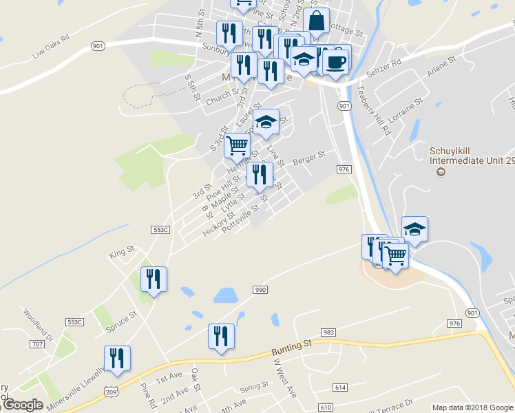 map of restaurants, bars, coffee shops, grocery stores, and more near 514 Pottsville Street in Minersville