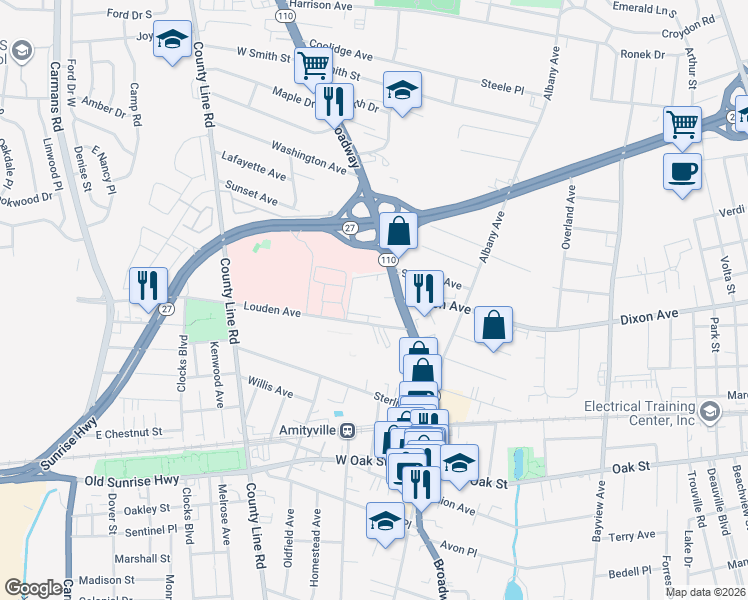 map of restaurants, bars, coffee shops, grocery stores, and more near 366 Broadway in Amityville