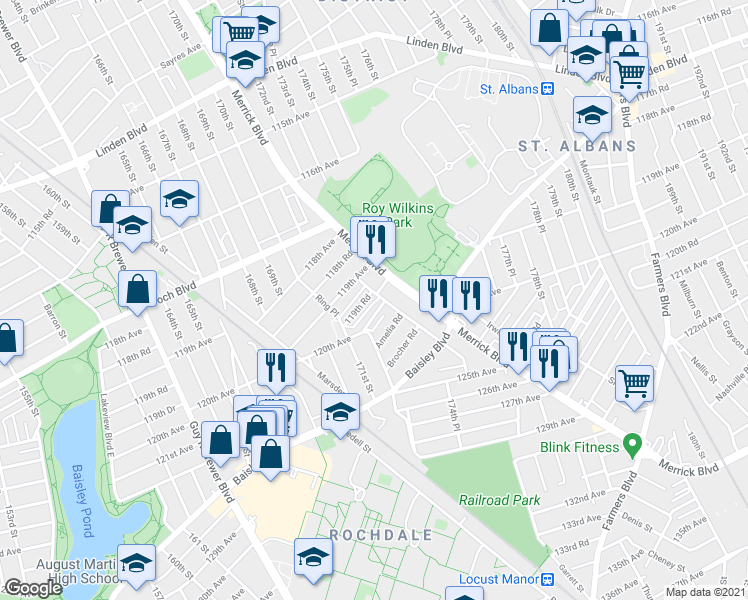 map of restaurants, bars, coffee shops, grocery stores, and more near 171-48 119th Road in Queens