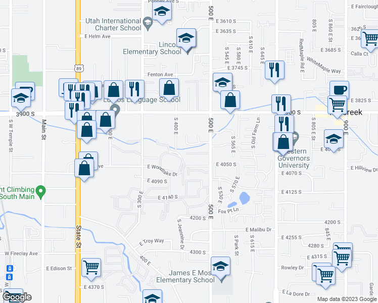 map of restaurants, bars, coffee shops, grocery stores, and more near 4014 500 East in Millcreek