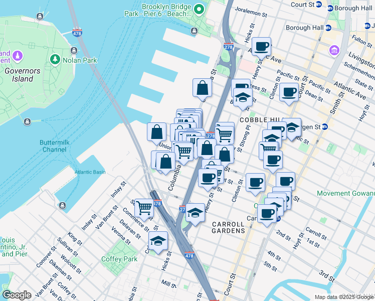 map of restaurants, bars, coffee shops, grocery stores, and more near 221 Columbia Street in Brooklyn