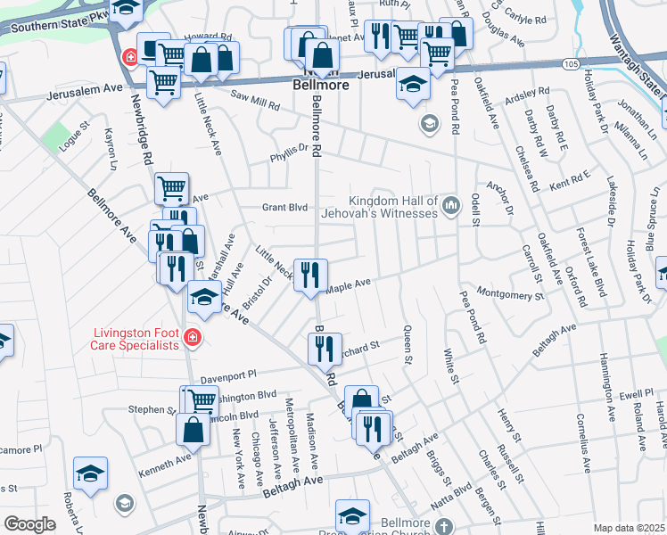 map of restaurants, bars, coffee shops, grocery stores, and more near 205 Herkimer Street in North Bellmore