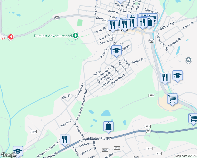 map of restaurants, bars, coffee shops, grocery stores, and more near 565 3rd Street in Pottsville