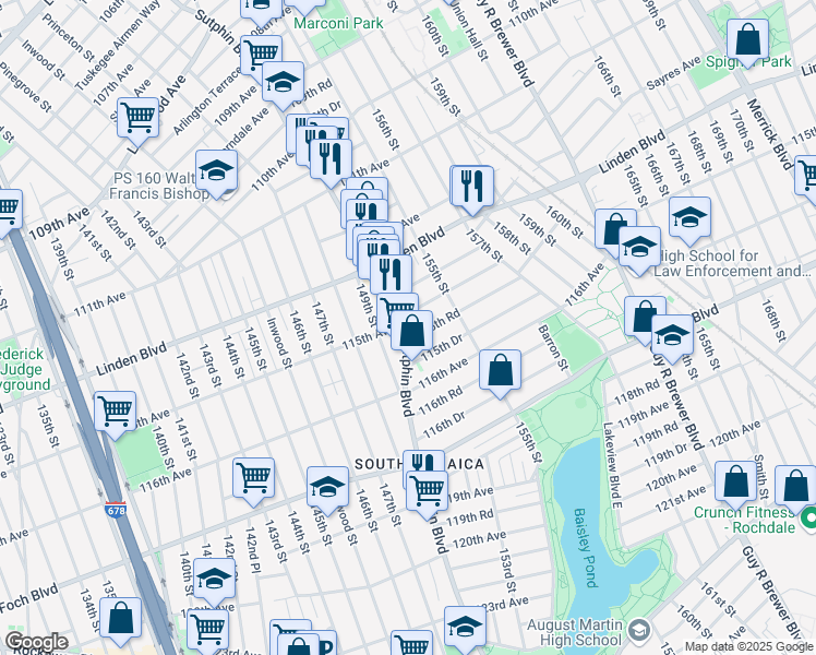 map of restaurants, bars, coffee shops, grocery stores, and more near 115-1 Sutphin Boulevard in Queens