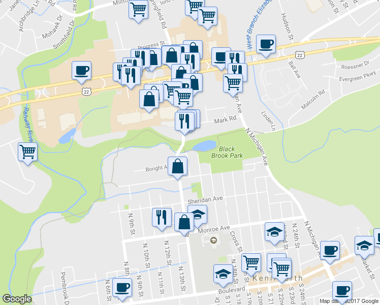 map of restaurants, bars, coffee shops, grocery stores, and more near 441 North 15th Street in Kenilworth