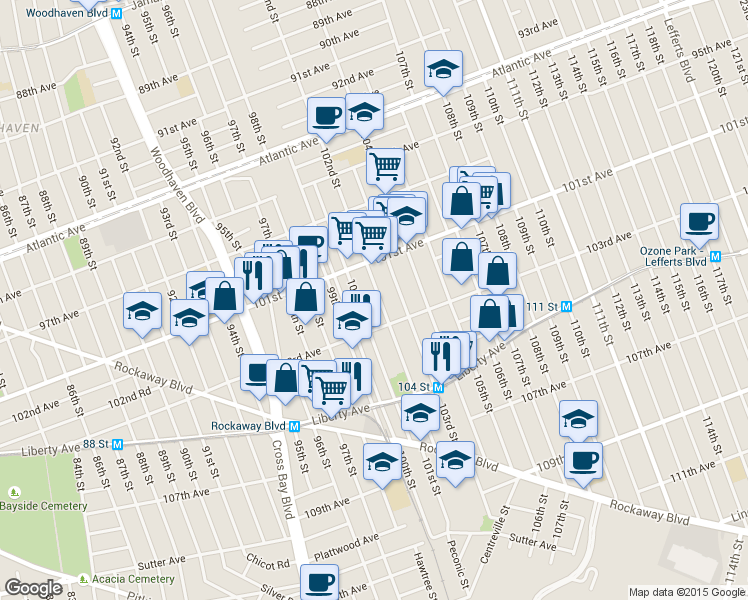 map of restaurants, bars, coffee shops, grocery stores, and more near 101-44 102nd Street in Queens