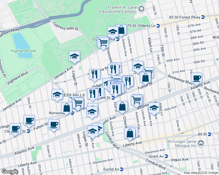 map of restaurants, bars, coffee shops, grocery stores, and more near 86 Pine Street in Brooklyn