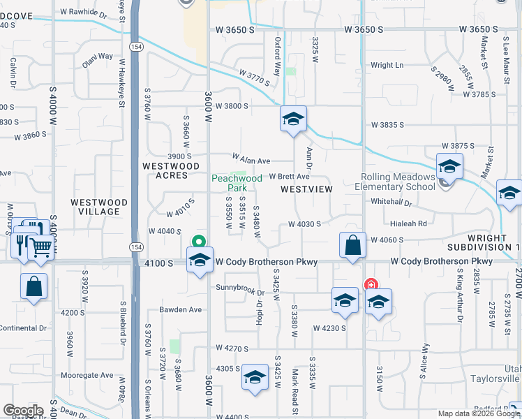 map of restaurants, bars, coffee shops, grocery stores, and more near 4003 Peachwood Drive in West Valley City