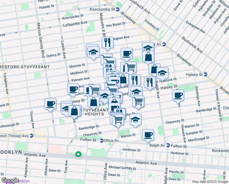 map of restaurants, bars, coffee shops, grocery stores, and more near 668 Hancock Street in Brooklyn