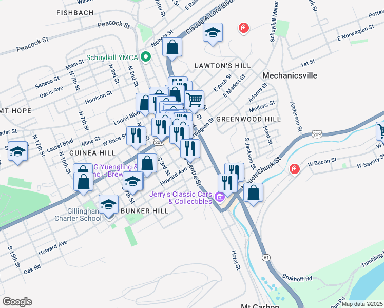map of restaurants, bars, coffee shops, grocery stores, and more near 100 South Centre Street in Pottsville