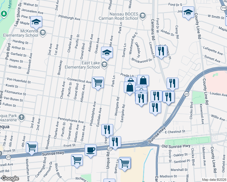 map of restaurants, bars, coffee shops, grocery stores, and more near 115 Park Lane in Massapequa