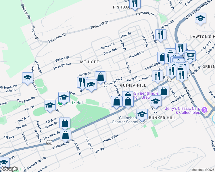 map of restaurants, bars, coffee shops, grocery stores, and more near 332 North 12th Street in Pottsville