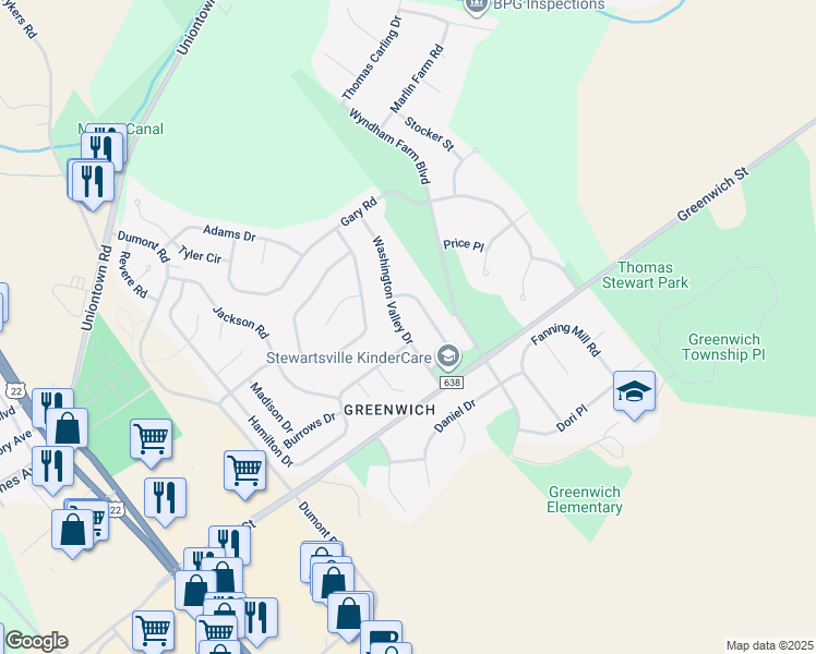 map of restaurants, bars, coffee shops, grocery stores, and more near 1723 Washington Valley Drive in Stewartsville