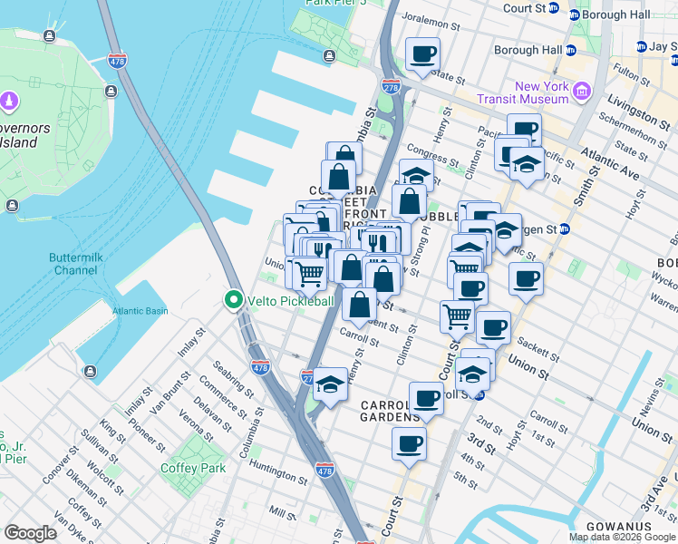 map of restaurants, bars, coffee shops, grocery stores, and more near 158 Sackett Street in Brooklyn