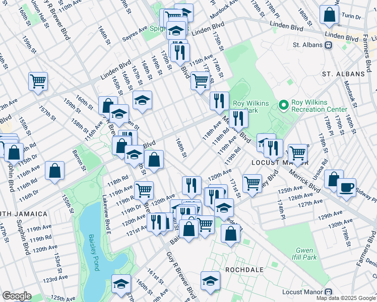 map of restaurants, bars, coffee shops, grocery stores, and more near 16805 118th Road in Queens