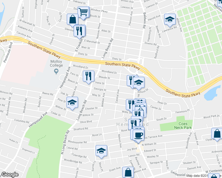 map of restaurants, bars, coffee shops, grocery stores, and more near 599 Georgia Street in South Hempstead