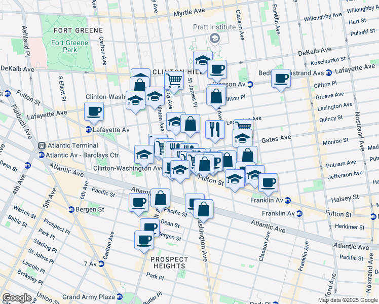 map of restaurants, bars, coffee shops, grocery stores, and more near Gates Ave & Washington Ave in Brooklyn