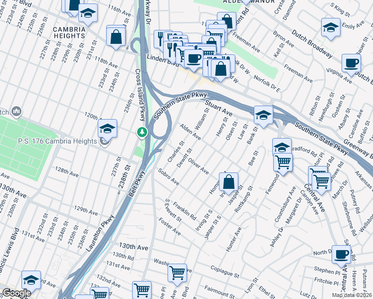 map of restaurants, bars, coffee shops, grocery stores, and more near 32 Charles Street in Valley Stream