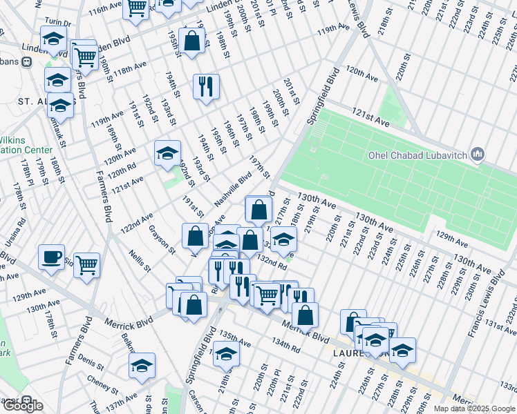 map of restaurants, bars, coffee shops, grocery stores, and more near 130-35 Springfield Boulevard in Queens