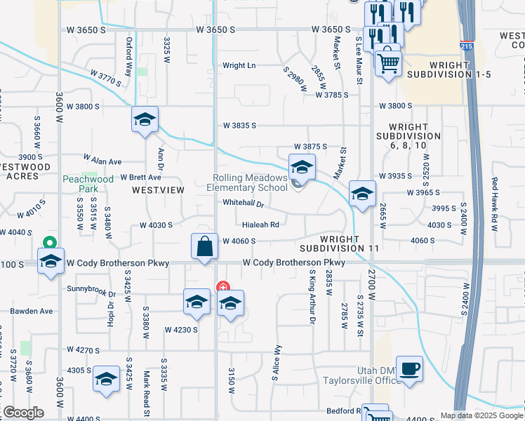 map of restaurants, bars, coffee shops, grocery stores, and more near 3047 Whitehall Drive in West Valley City