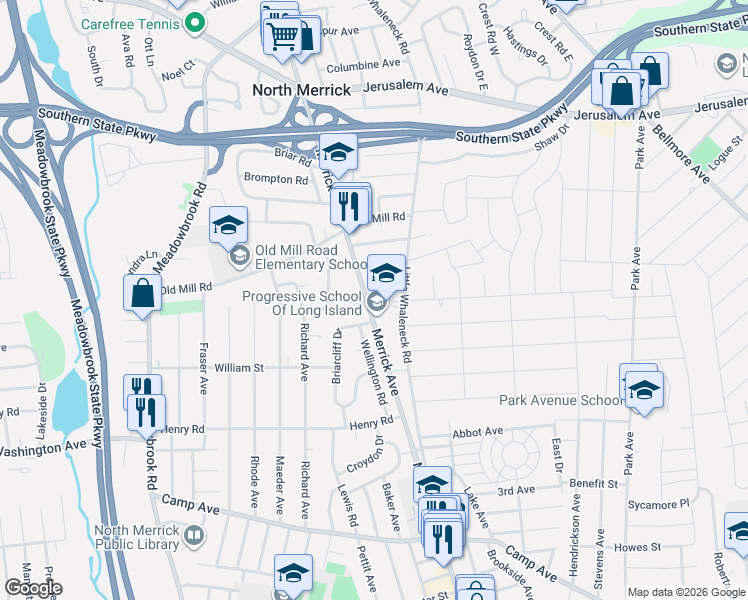 map of restaurants, bars, coffee shops, grocery stores, and more near 1415 Merrick Avenue in North Merrick