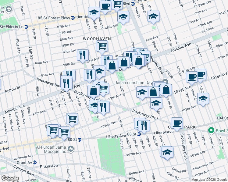 map of restaurants, bars, coffee shops, grocery stores, and more near 95-22 87th Street in Queens