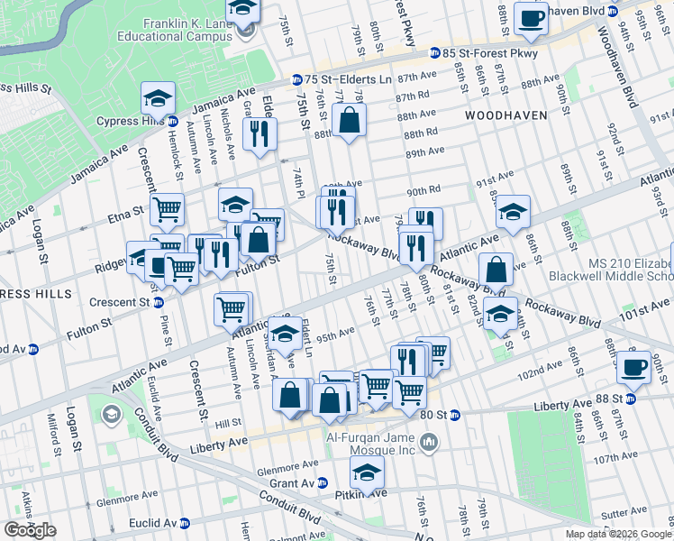 map of restaurants, bars, coffee shops, grocery stores, and more near 92-51 75th Street in Queens