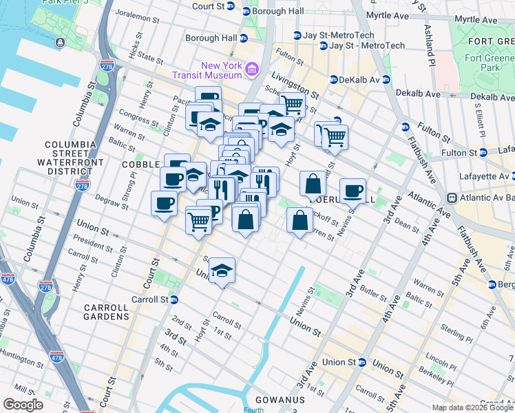 map of restaurants, bars, coffee shops, grocery stores, and more near 386 Warren Street in Brooklyn