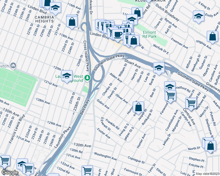 map of restaurants, bars, coffee shops, grocery stores, and more near 32 Charles Street in Valley Stream