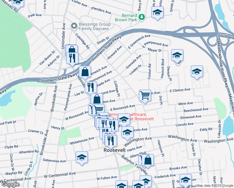 map of restaurants, bars, coffee shops, grocery stores, and more near 11 Cottage Place in Roosevelt