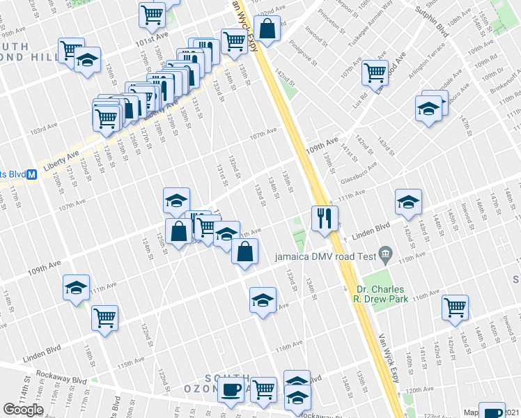 map of restaurants, bars, coffee shops, grocery stores, and more near 109-44 133rd Street in Queens