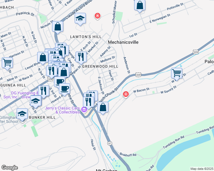 map of restaurants, bars, coffee shops, grocery stores, and more near 516 Jefferson Street in Pottsville