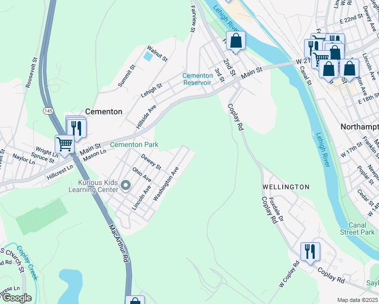 map of restaurants, bars, coffee shops, grocery stores, and more near 5001 Washington Avenue in Lehigh County