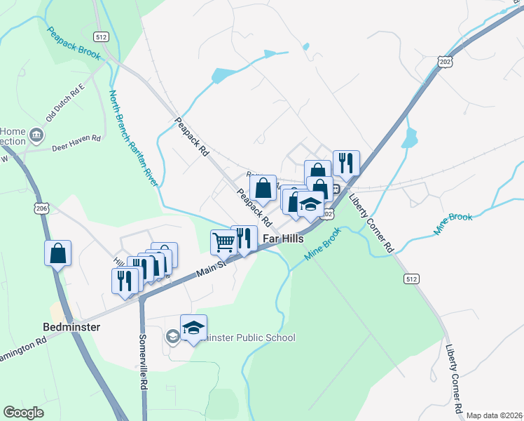 map of restaurants, bars, coffee shops, grocery stores, and more near 16 Peapack Road in Far Hills