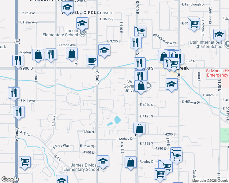 map of restaurants, bars, coffee shops, grocery stores, and more near 582 East 4010 South in Murray