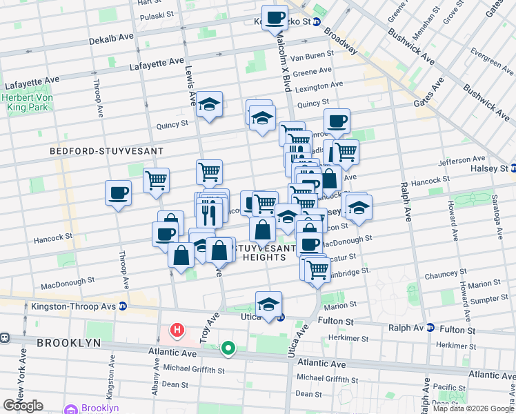 map of restaurants, bars, coffee shops, grocery stores, and more near Hancock Street & Stuyvesant Avenue in Brooklyn