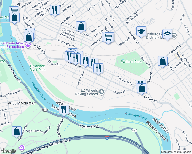 map of restaurants, bars, coffee shops, grocery stores, and more near 81 Jefferson Street in Phillipsburg