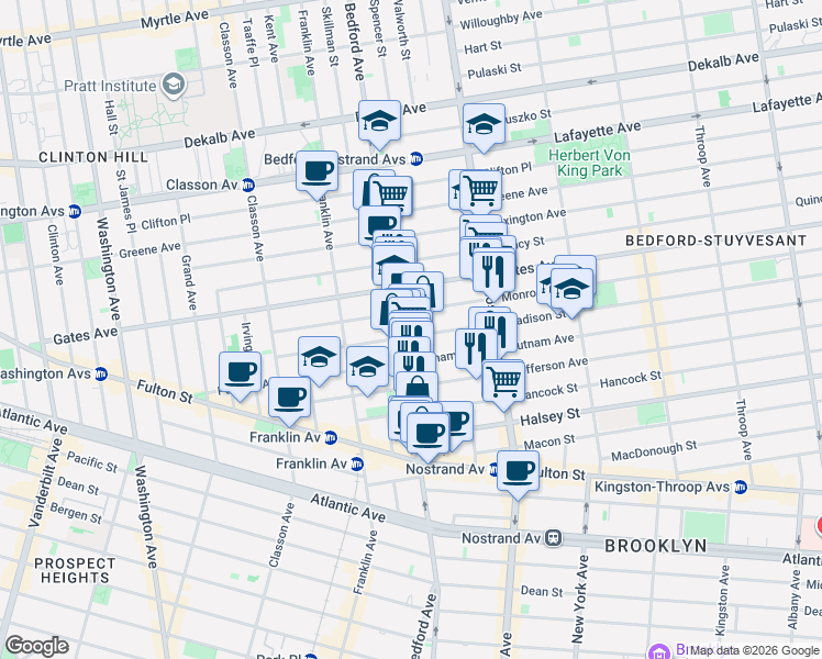 map of restaurants, bars, coffee shops, grocery stores, and more near 149 Madison Street in Brooklyn