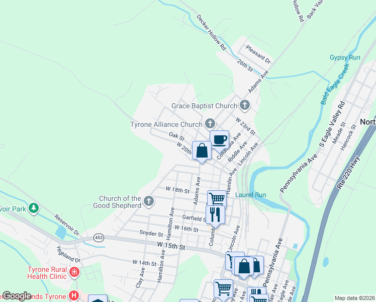 map of restaurants, bars, coffee shops, grocery stores, and more near West 20th Street in Tyrone
