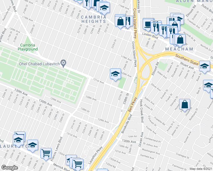 map of restaurants, bars, coffee shops, grocery stores, and more near 121-03 234th St in Queens