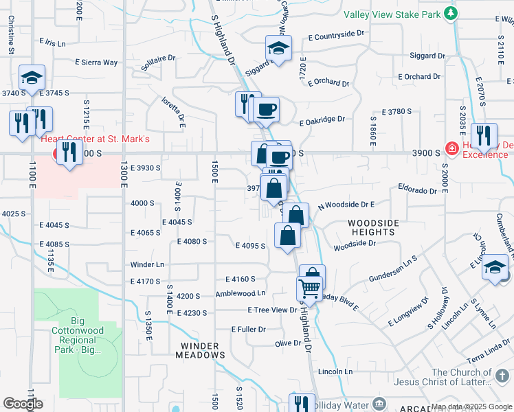 map of restaurants, bars, coffee shops, grocery stores, and more near 4008 Vernon Circle in Millcreek