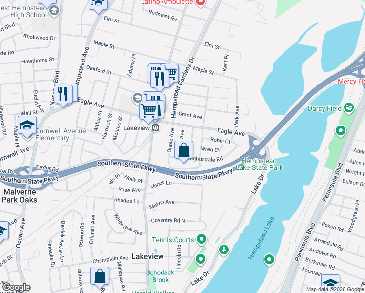 map of restaurants, bars, coffee shops, grocery stores, and more near 715 Thrush Avenue in West Hempstead